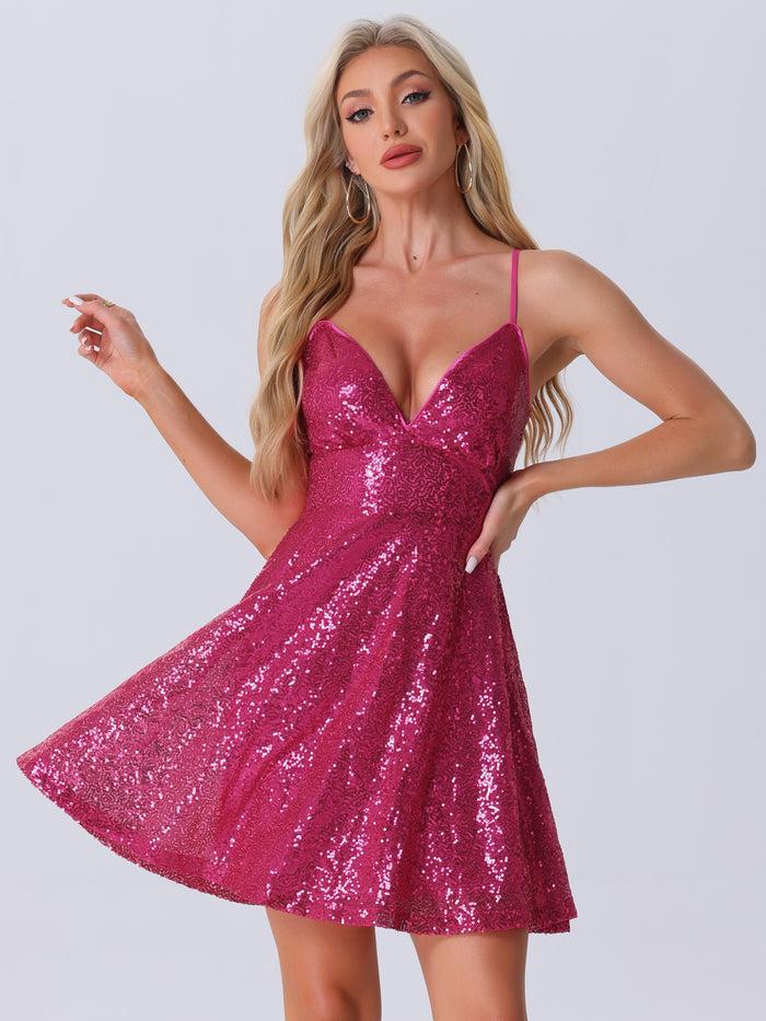 allegra k Glitter Sequin Spaghetti Strap Tie Back Backless Mini Party Dress