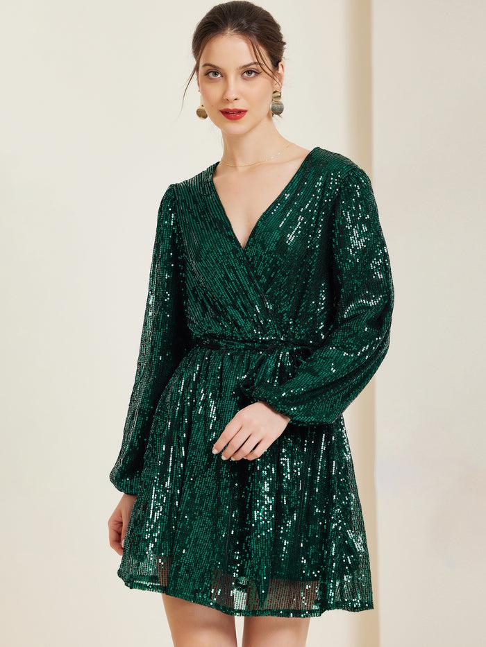 allegra k Glitter Sequin V Neck Long Sleeve Tie Waist A-Line Mini Dress