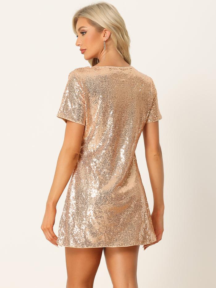 Allegra K Glitter Sequin V Neck Short Sleeve Mini Clubwear Party Dress
