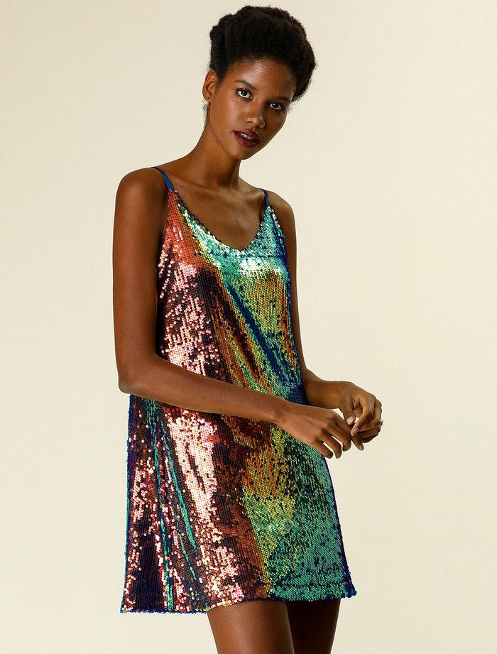 Allegra K Glitter V Neck Spaghetti Strap Clubwear Mini Party Dress