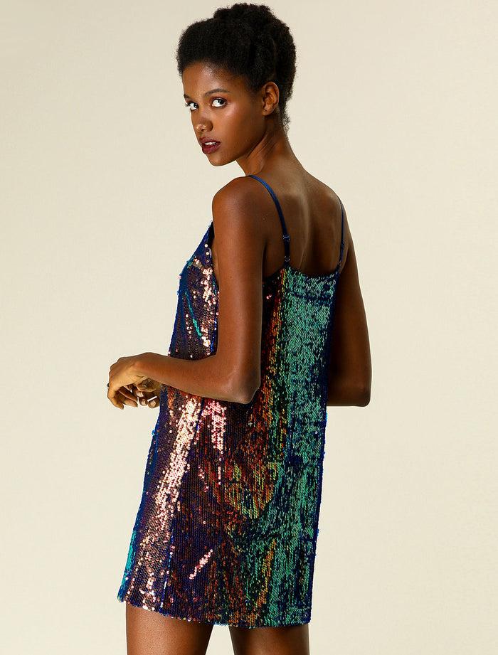 Allegra K Glitter V Neck Spaghetti Strap Clubwear Mini Party Dress