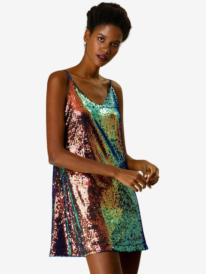 allegra k Glitter V Neck Spaghetti Strap Clubwear Mini Party Dress
