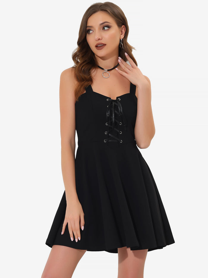 Allegra K Gothic Halloween Steampunk Lace Up Mini Sleeveless Cami Dress