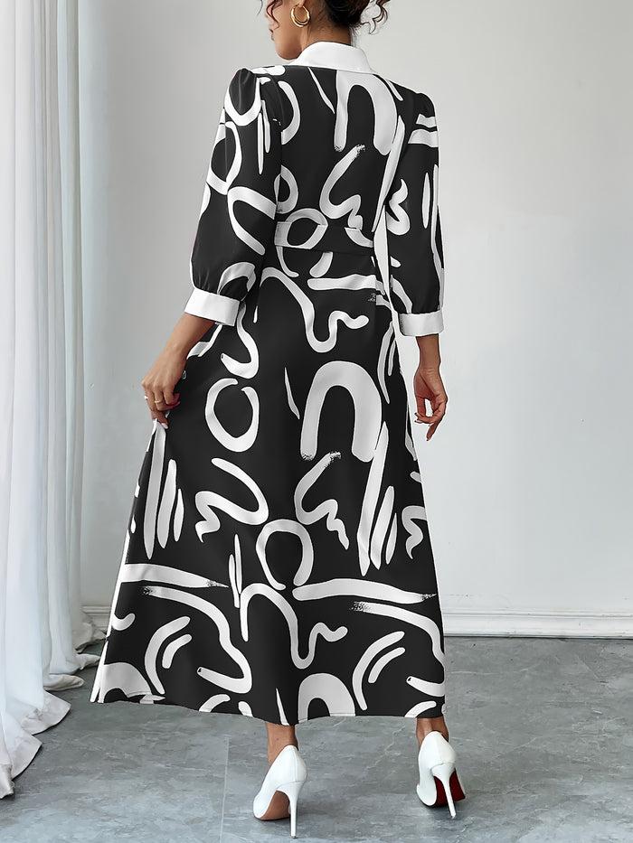 Allegra K Graphic 3/4 Sleeves Tie Waist Maxi A-Line Dress