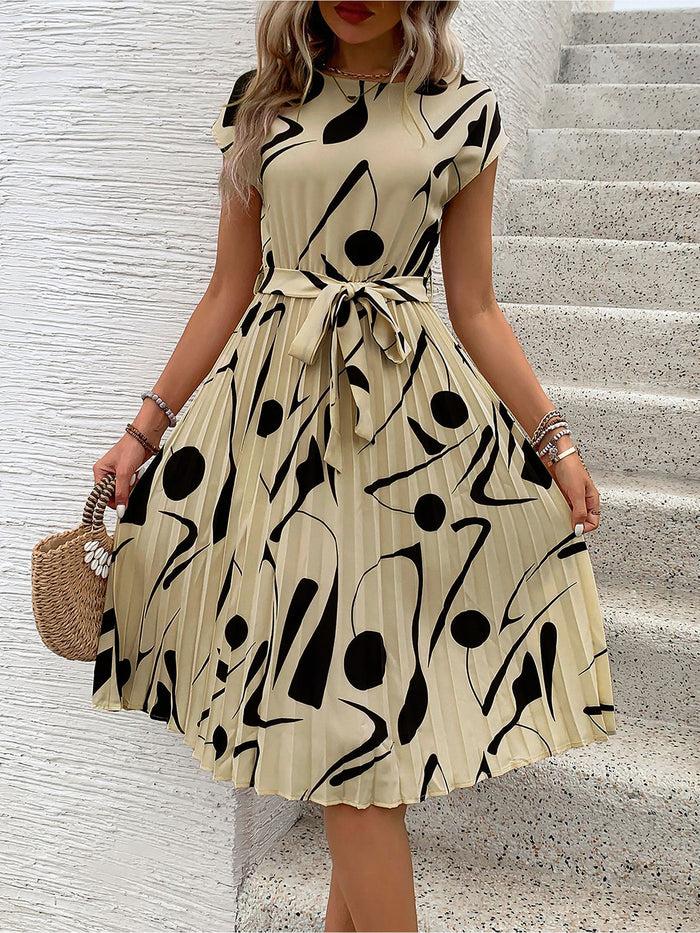 Allegra K Graphic Cap Sleeves Pleated A-Line Midi Dress