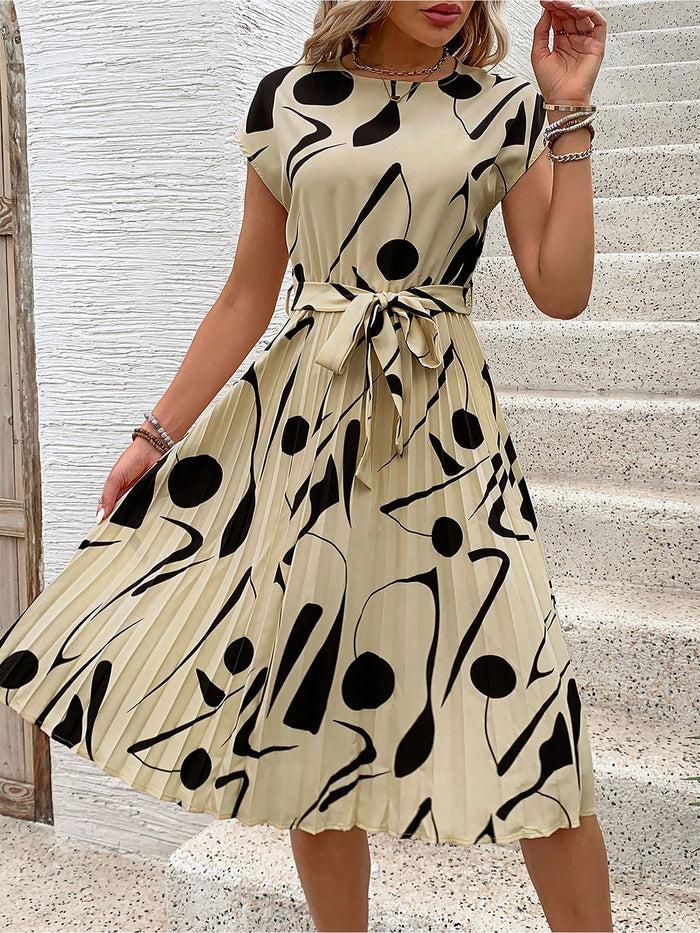 allegra k Graphic Cap Sleeves Pleated A-Line Midi Dress