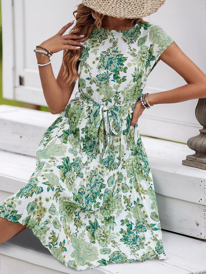 Allegra K Graphic Print Cap Sleeves Pleated Midi Dress