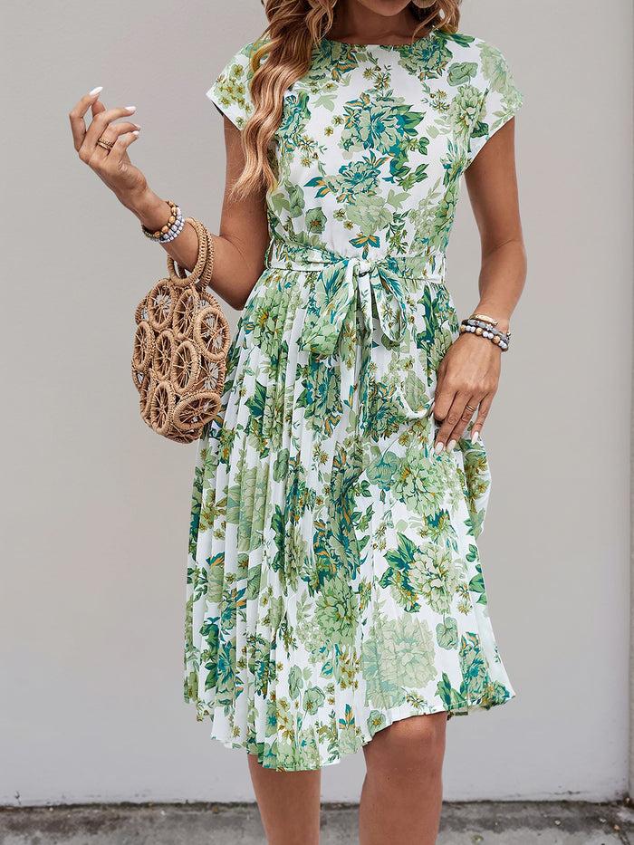 Allegra K Graphic Print Cap Sleeves Pleated Midi Dress