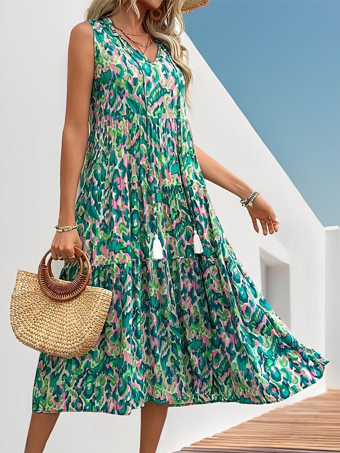 Allegra K Graphic Sleeveless Tiered A-Line Midi Dress