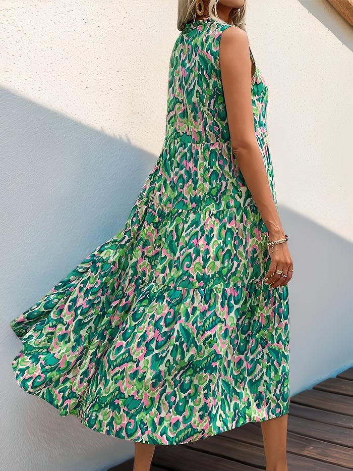 Allegra K Graphic Sleeveless Tiered A-Line Midi Dress