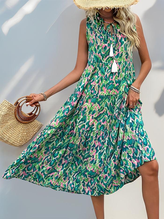 allegra k Graphic Sleeveless Tiered A-Line Midi Dress