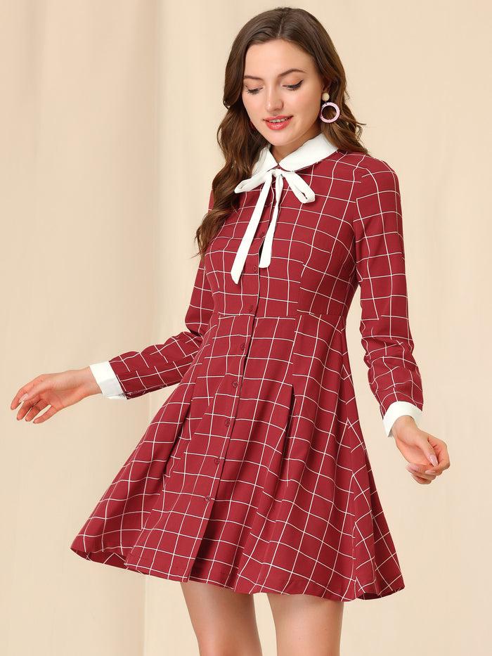 Allegra K Halloween Peter Pan Collar Plaid Grid Retro Button Up Shirt Dress