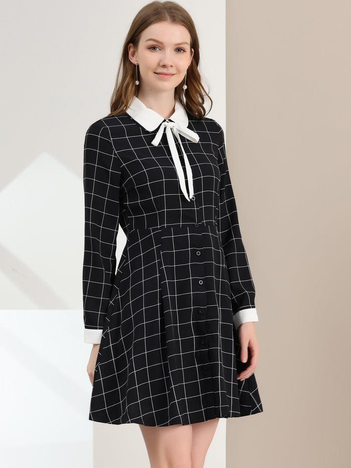Allegra K Halloween Peter Pan Collar Plaid Grid Retro Button Up Shirt Dress