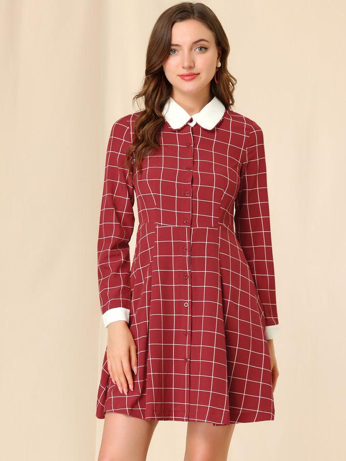 allegra k Halloween Peter Pan Collar Plaid Grid Retro Button Up Shirt Dress