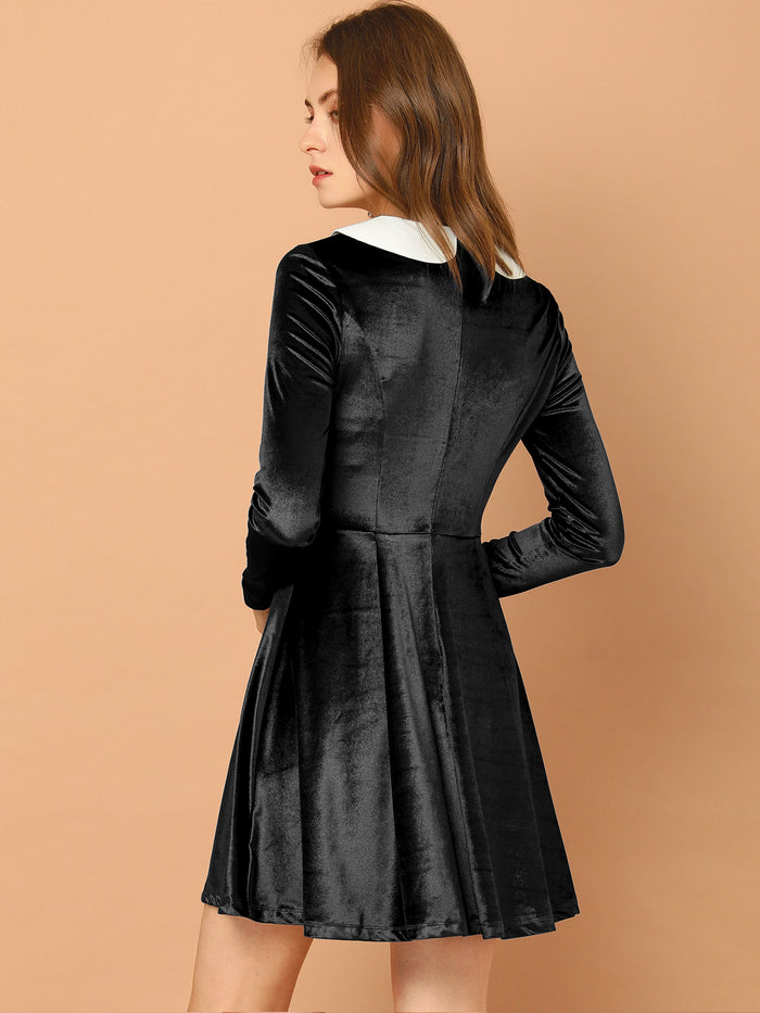 Allegra K Halloween Velvet Long Sleeve Contrast Doll Peter Pan Collar Dress