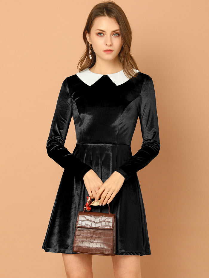 allegra k Halloween Velvet Long Sleeve Contrast Doll Peter Pan Collar Dress
