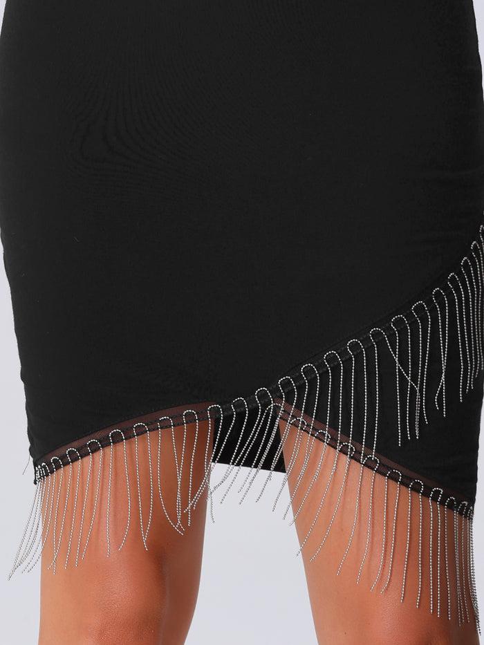 Allegra K Halter Backless Tasseled Fringe Trim Bodycon Mini Dress