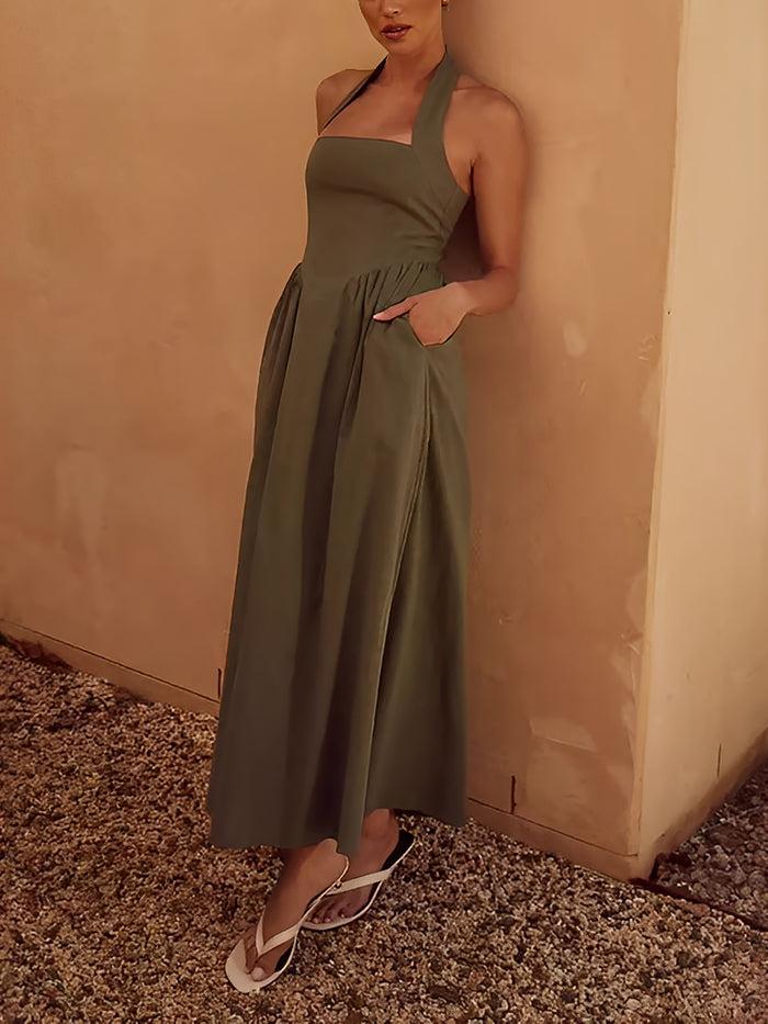 Allegra K Halter Neck Backless Pocketed A-Line Midi Dress