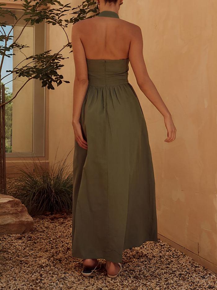 Allegra K Halter Neck Backless Pocketed A-Line Midi Dress