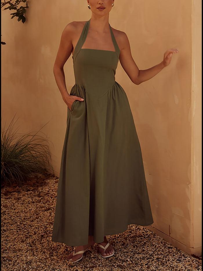 allegra k Halter Neck Backless Pocketed A-Line Midi Dress