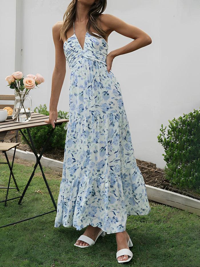 Allegra K Halter Neck Backless Ruched Tiered Maxi Dress