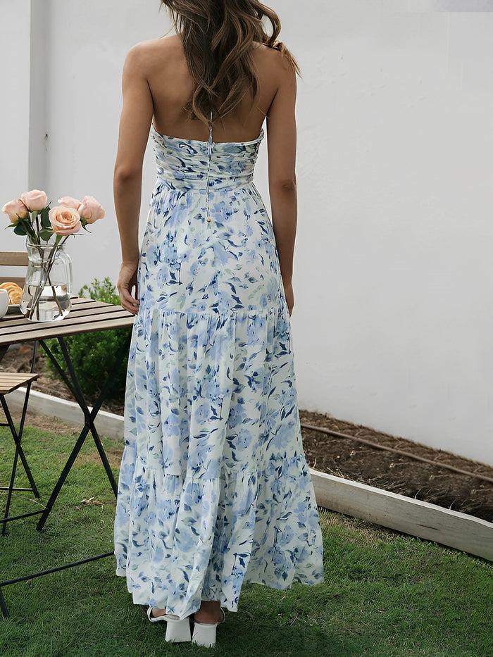 Allegra K Halter Neck Backless Ruched Tiered Maxi Dress