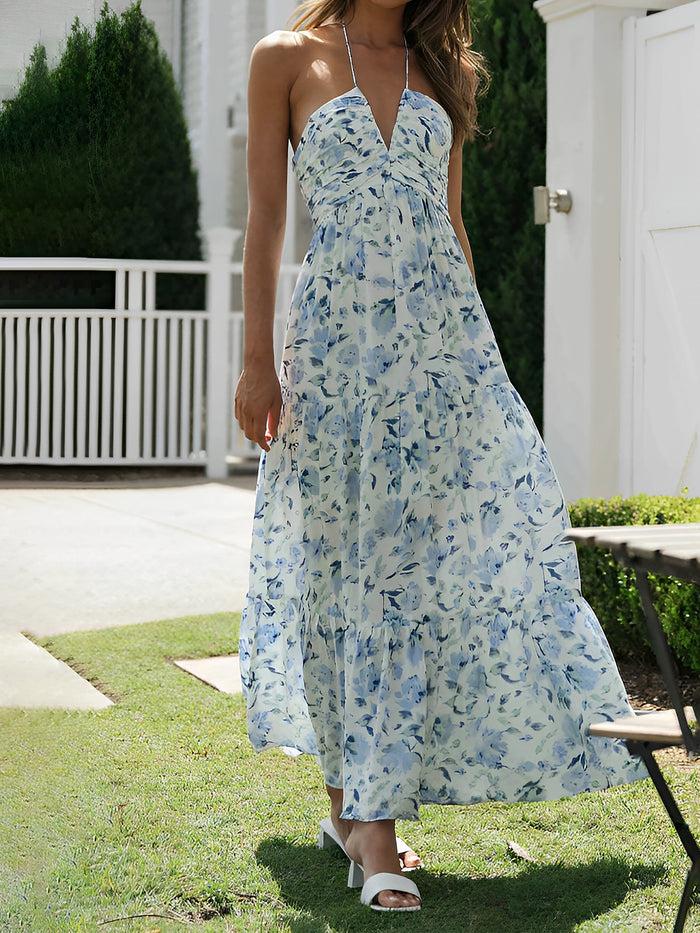 allegra k Halter Neck Backless Ruched Tiered Maxi Dress