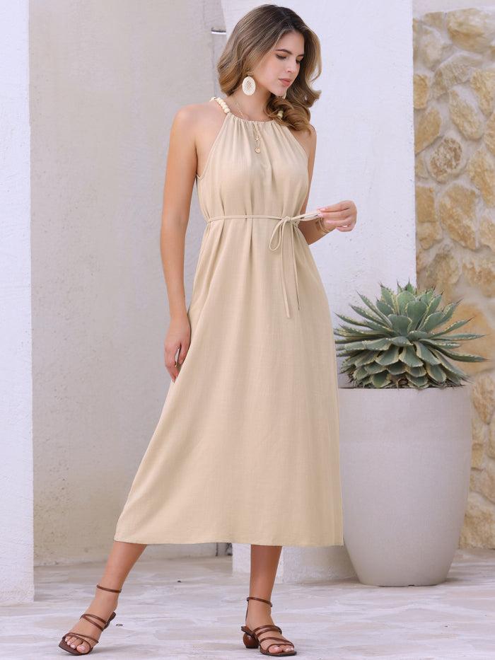 Allegra K Halter Neck Belted Casual Pocketed Midi Dress