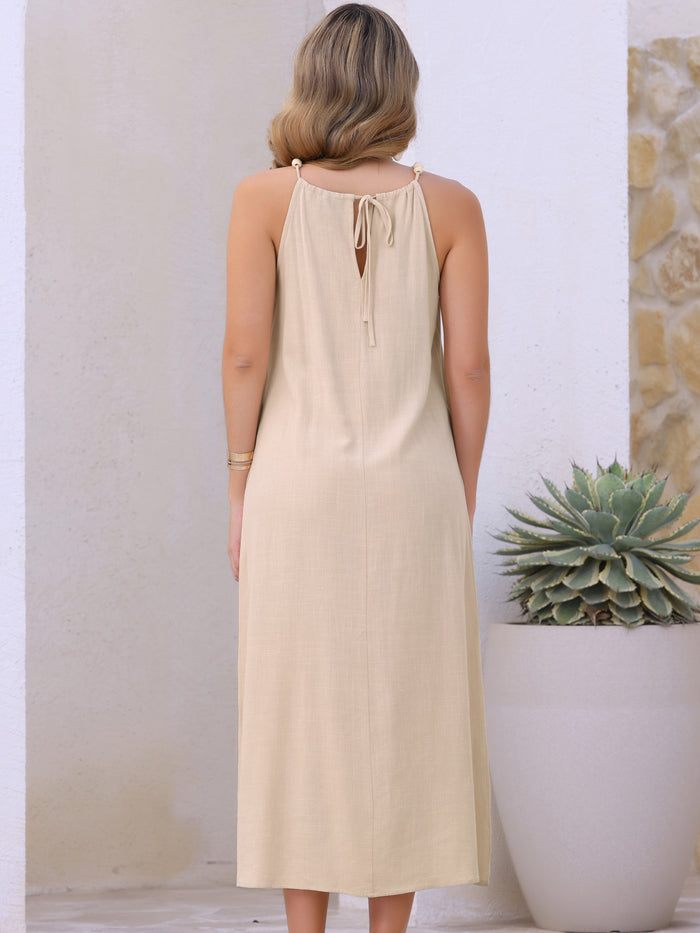 Allegra K Halter Neck Belted Casual Pocketed Midi Dress