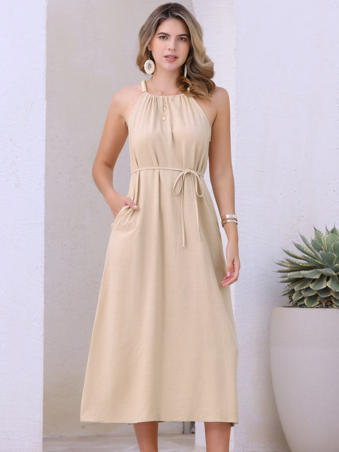 allegra k Halter Neck Belted Casual Pocketed Midi Dress