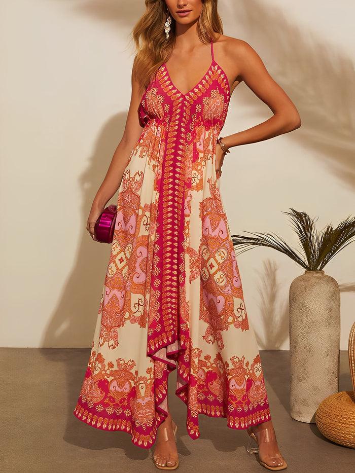 Allegra K Halter Neck Boho Backless Irregular Hem Maxi Dress