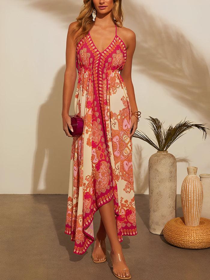 Allegra K Halter Neck Boho Backless Irregular Hem Maxi Dress