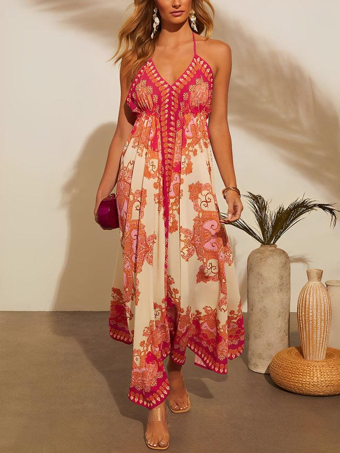 allegra k Halter Neck Boho Backless Irregular Hem Maxi Dress