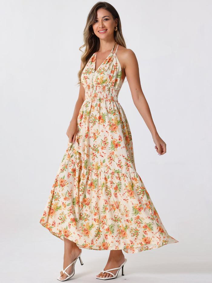 allegra k Halter Neck Boho Sleeveless Elastic Waist Backless Floral Sundress Maxi Dress