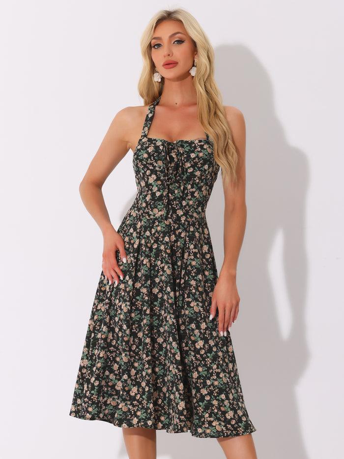 allegra k Halter Neck Floral Summer Sundress Sleeveless Lace Up Midi Dress