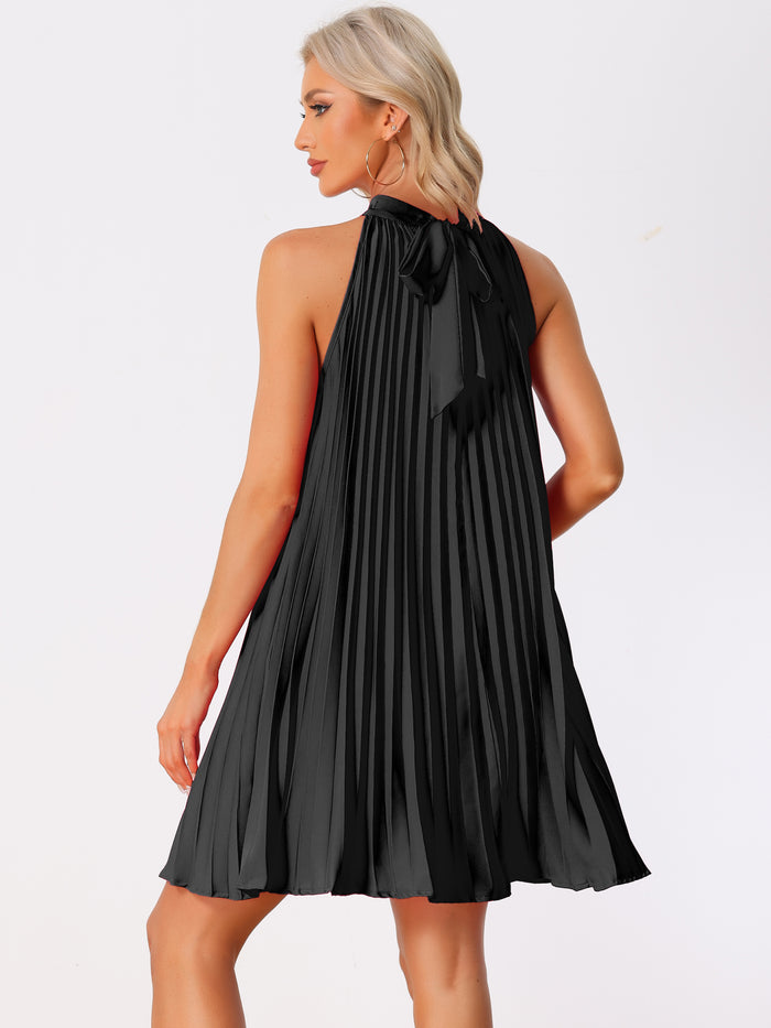 Allegra K Halter Neck Pleated Sleeveless Casual Mini Smock Dress