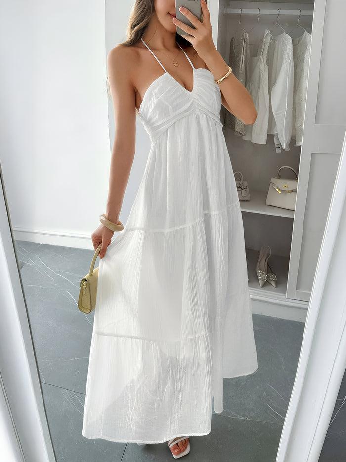 Allegra K Halter Neck Sleeveless Backless Tiered A-Line Dress