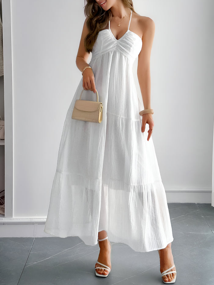 Allegra K Halter Neck Sleeveless Backless Tiered A-Line Dress