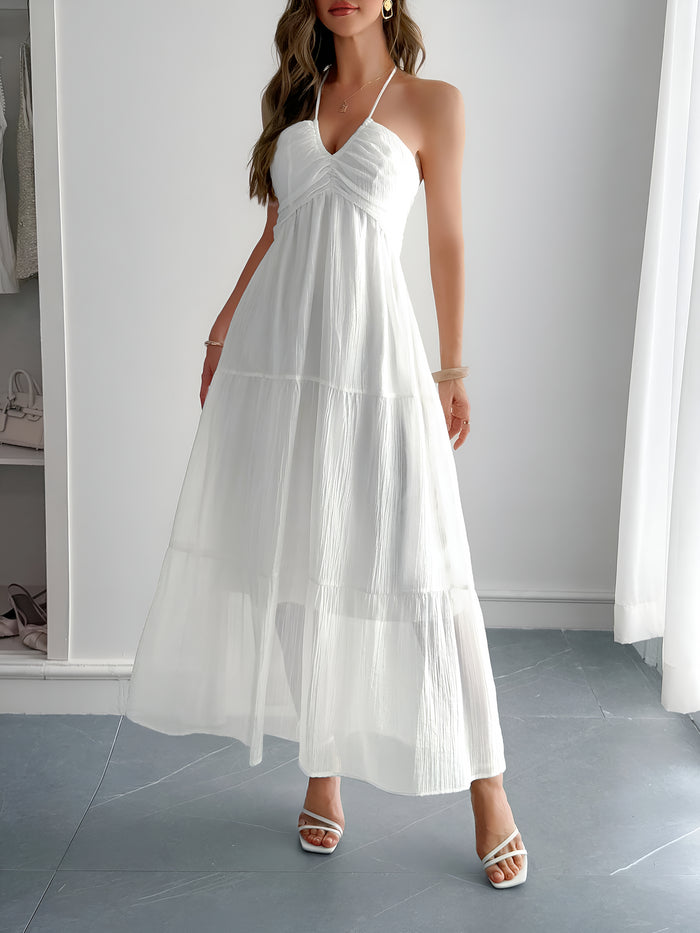 allegra k Halter Neck Sleeveless Backless Tiered A-Line Dress