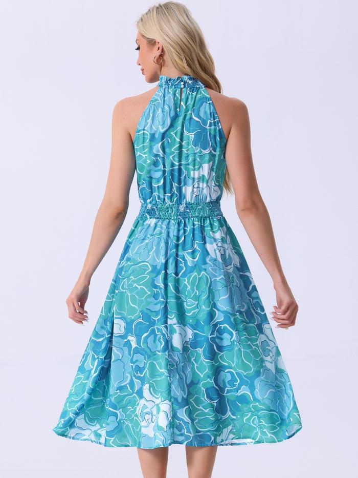 Allegra K Halter Neck Sleeveless Casual Floral Sundress Midi Dress