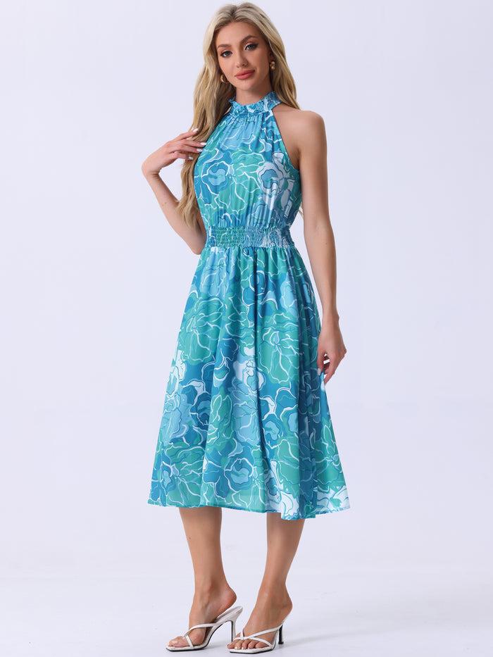 Allegra K Halter Neck Sleeveless Casual Floral Sundress Midi Dress