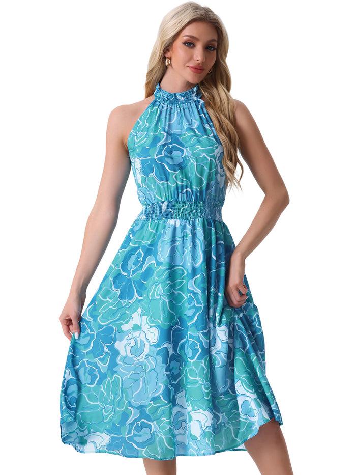 Allegra K Halter Neck Sleeveless Casual Floral Sundress Midi Dress