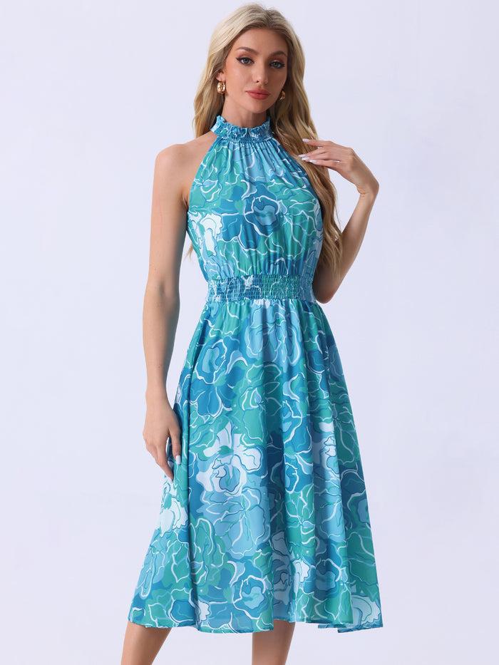 allegra k Halter Neck Sleeveless Casual Floral Sundress Midi Dress