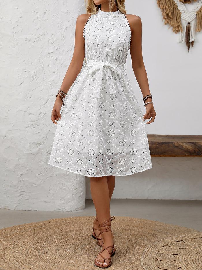 Allegra K Halter Neck Sleeveless Eyelet Lace-Up Midi Dress