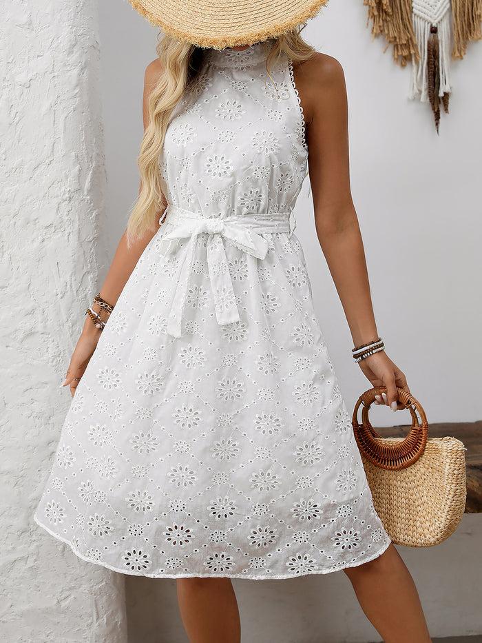 allegra k Halter Neck Sleeveless Eyelet Lace-Up Midi Dress