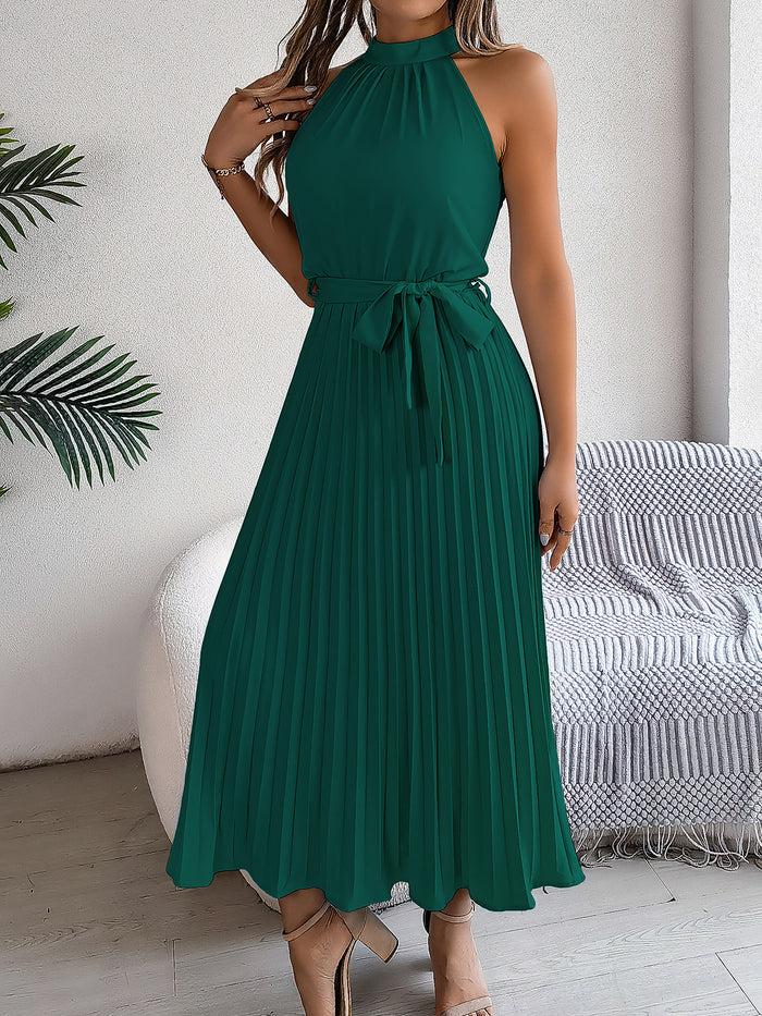 Allegra K Halter Neck Sleeveless Lace-Up Pleated Midi Dress