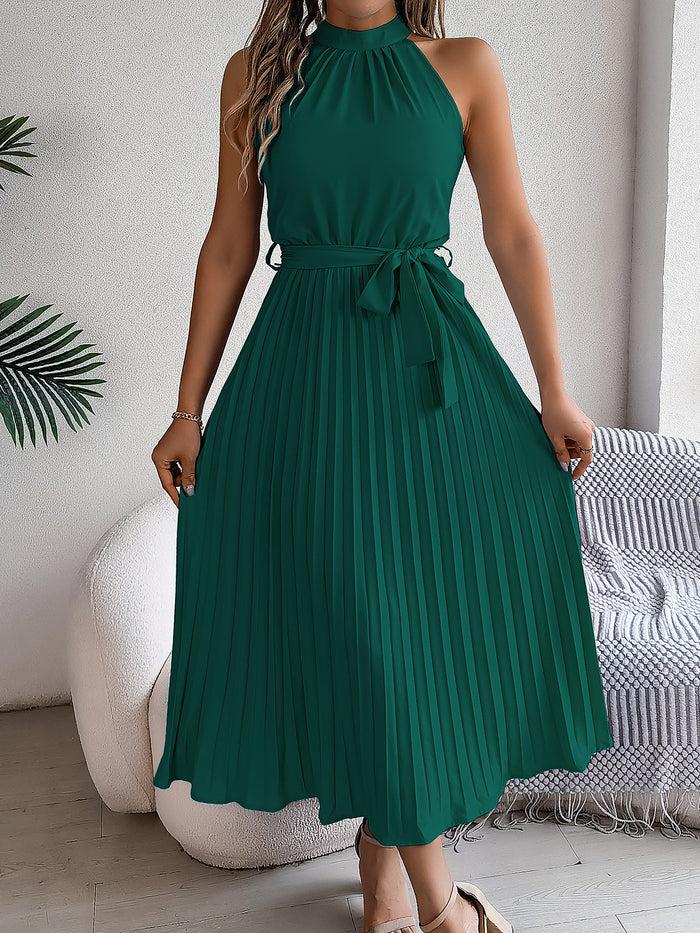 Allegra K Halter Neck Sleeveless Lace-Up Pleated Midi Dress