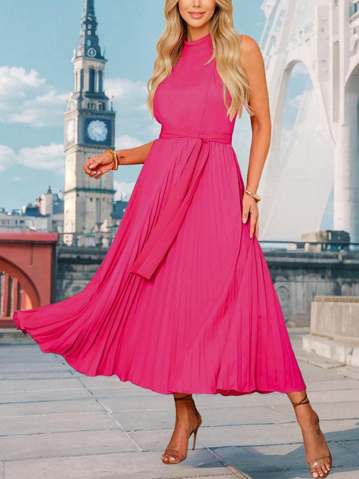 Allegra K Halter Neck Sleeveless Pleated Midi Dress