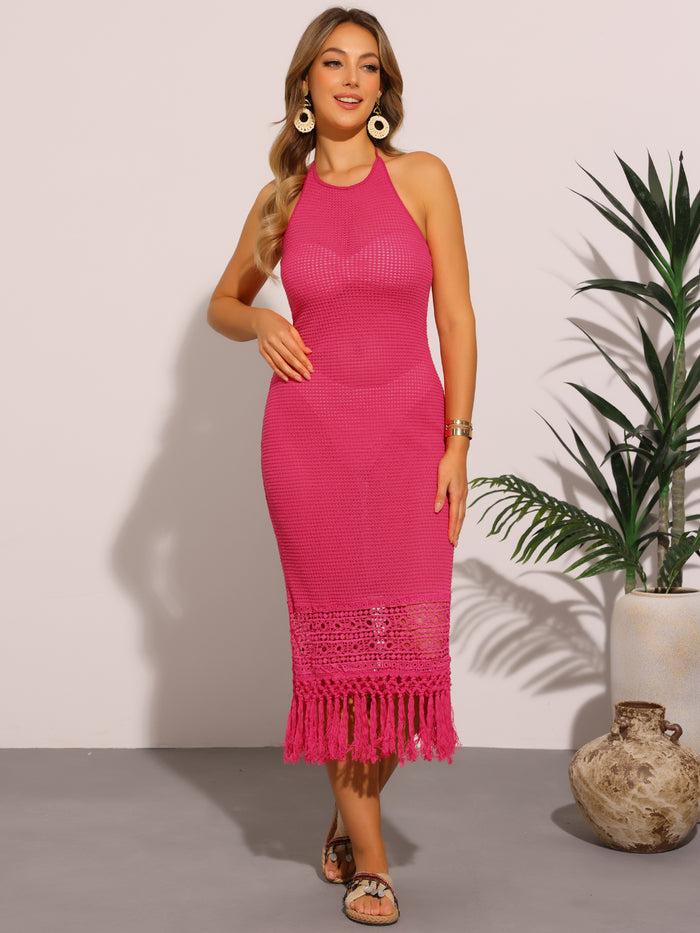 allegra k Halter Neck Sleeveless See Through Crochet Beach Dress