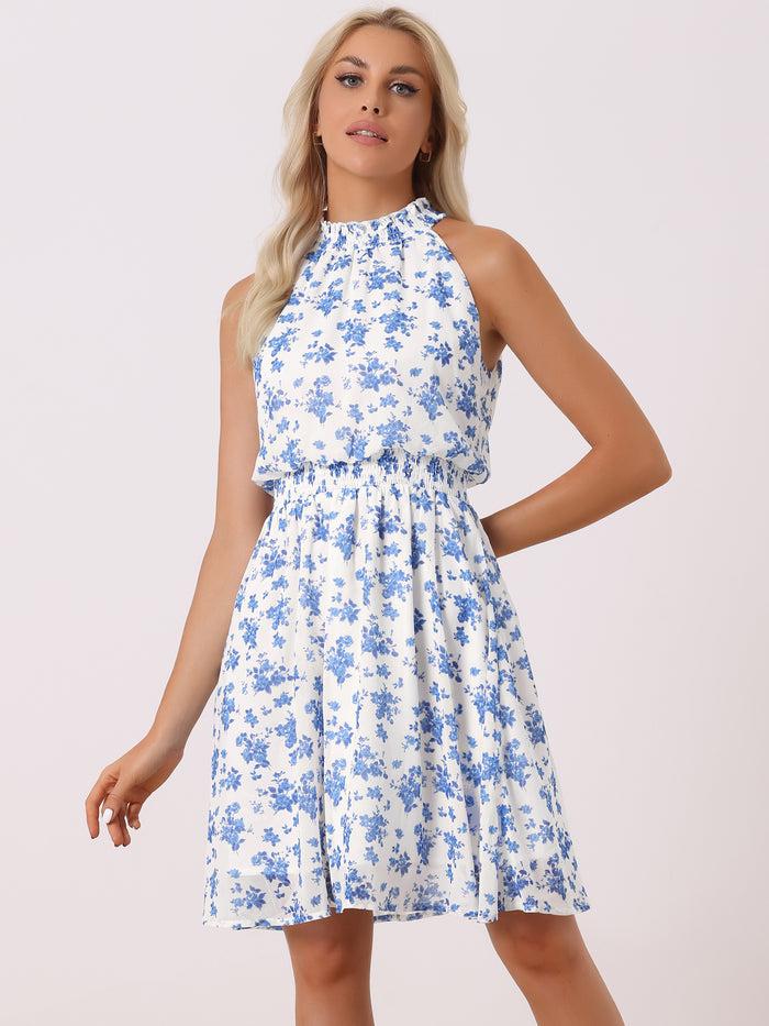 Allegra K Halter Neck Sleeveless Smocked Waist Floral Mini Dress